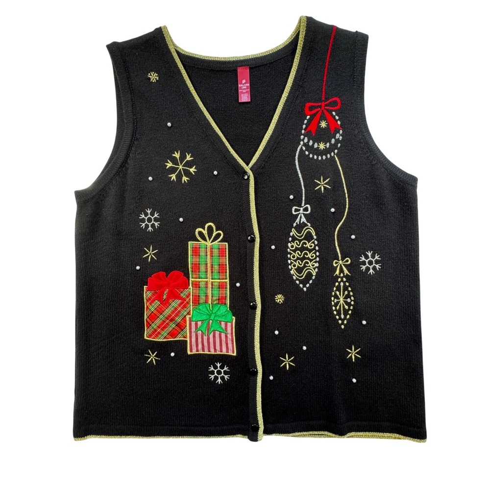Holiday Time‎ Christmas Sweater Vest Womens 2X 20 Black Gold Embroidered Beaded